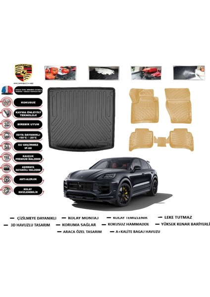 Porsche Cayenne 2019 Model Bagaj Havuzu(Paspası)+Araca Özel Bej Paspas Takımı Flex