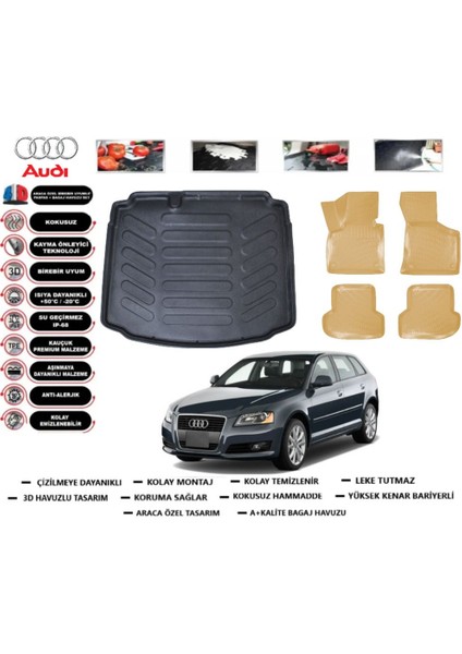 Audi A3 Hb 2010 Model Bagaj Havuzu(Paspası)+Araca Özel Bej Paspas Takımı Flex