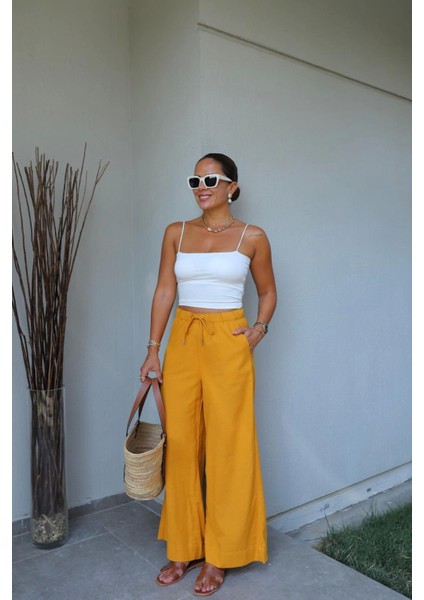 Hardal Beli Lastikli Bol Paça Keten Pantolon fiyatları