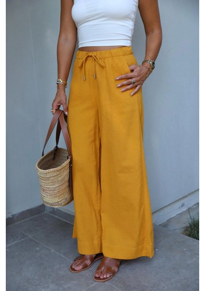 Hardal Beli Lastikli Bol Paça Keten Pantolon modelleri