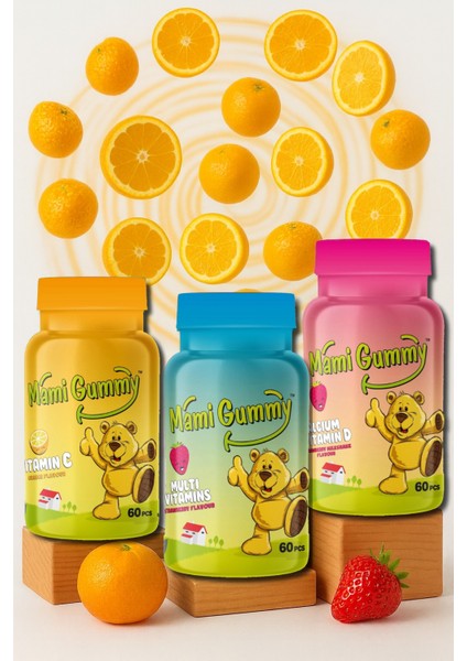 3'lü Set Multivitamin (Çilek) - Kalsiyum & Vitamin D (Çilek) - Vitamin C (Portakal)