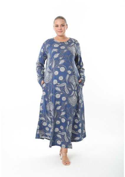 Kadın Likralı Viskon Kumaş Desenli Büyük Beden Elbise