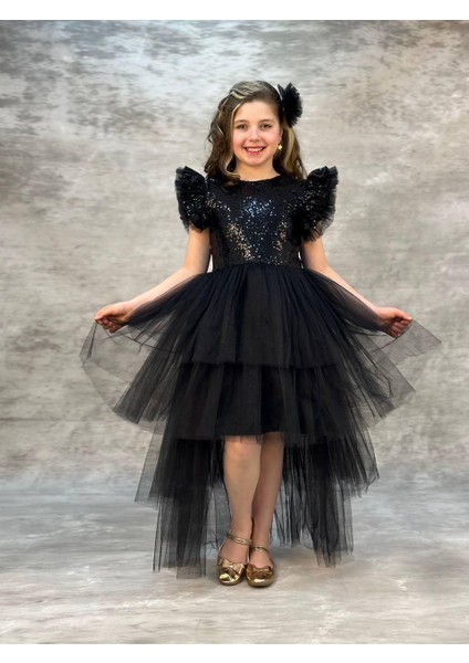 Kız Çocuk Tokalı Pullu Fiyonklu Şık Kat Kat Kuyruklu Elbise