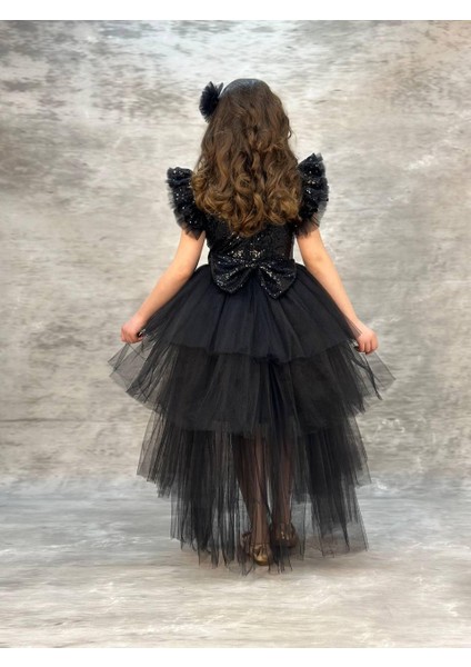 Kız Çocuk Tokalı Pullu Fiyonklu Şık Kat Kat Kuyruklu Elbise fırsatları