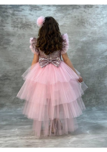 Kız Çocuk Tokalı Pullu Fiyonklu Şık Kat Kat Kuyruklu Elbise