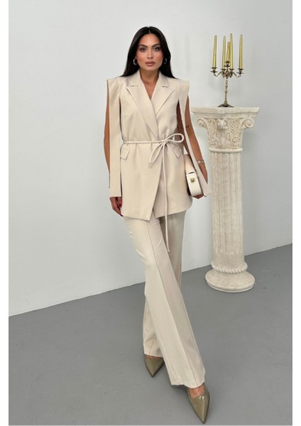 Kadın Alt Üst Ikili Takım Omuz Detaylı Kuşaklı Yelek Pantolon Takım