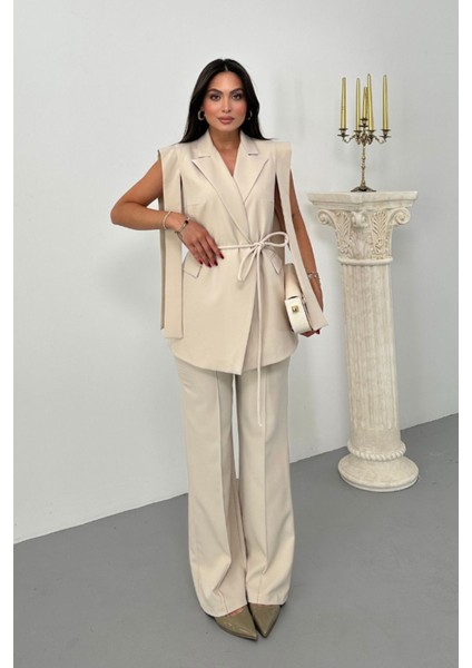 Kadın Alt Üst Ikili Takım Omuz Detaylı Kuşaklı Yelek Pantolon Takım fiyatları
