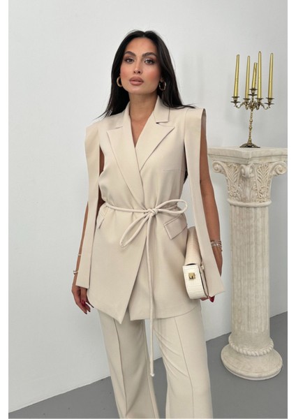Kadın Alt Üst Ikili Takım Omuz Detaylı Kuşaklı Yelek Pantolon Takım fırsatları