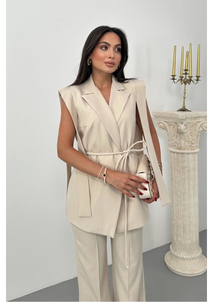 Kadın Alt Üst Ikili Takım Omuz Detaylı Kuşaklı Yelek Pantolon Takım indirimleri