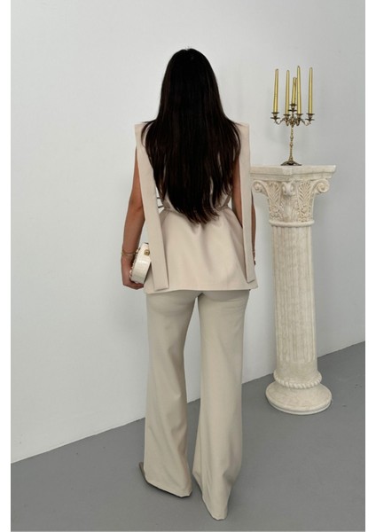 Kadın Alt Üst Ikili Takım Omuz Detaylı Kuşaklı Yelek Pantolon Takım