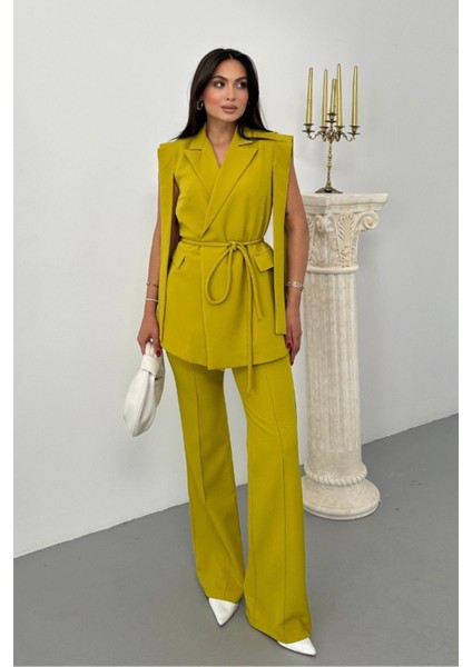 Kadın Alt Üst Ikili Takım Omuz Detaylı Kuşaklı Yelek Pantolon Takım fiyatları