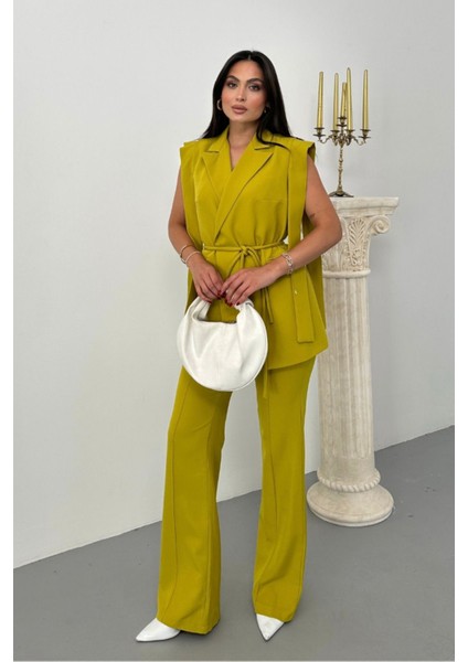 Kadın Alt Üst Ikili Takım Omuz Detaylı Kuşaklı Yelek Pantolon Takım modelleri