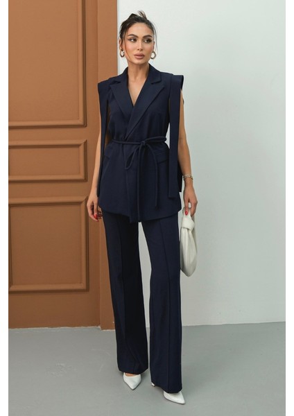 Kadın Alt Üst Ikili Takım Omuz Detaylı Kuşaklı Yelek Pantolon Takım