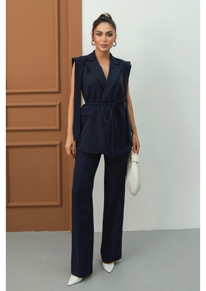 Kadın Alt Üst Ikili Takım Omuz Detaylı Kuşaklı Yelek Pantolon Takım fiyatları