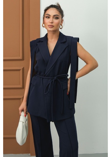 Kadın Alt Üst Ikili Takım Omuz Detaylı Kuşaklı Yelek Pantolon Takım modelleri