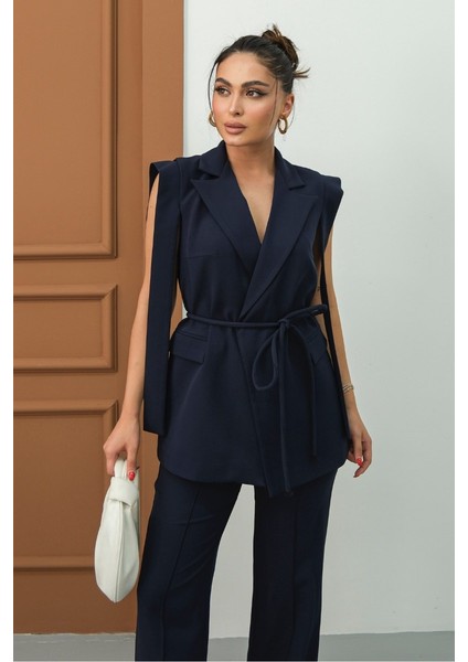 Kadın Alt Üst Ikili Takım Omuz Detaylı Kuşaklı Yelek Pantolon Takım fırsatları