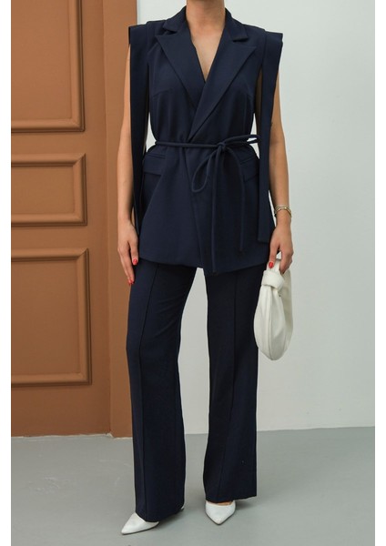 Kadın Alt Üst Ikili Takım Omuz Detaylı Kuşaklı Yelek Pantolon Takım indirimleri