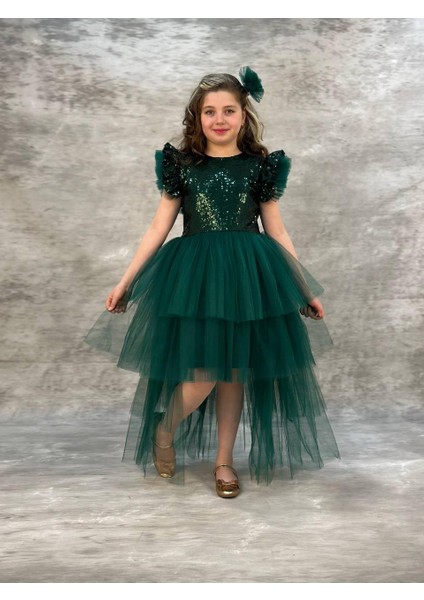 Kız Çocuk Tokalı Pullu Fiyonklu Şık Kat Kat Kuyruklu Elbise