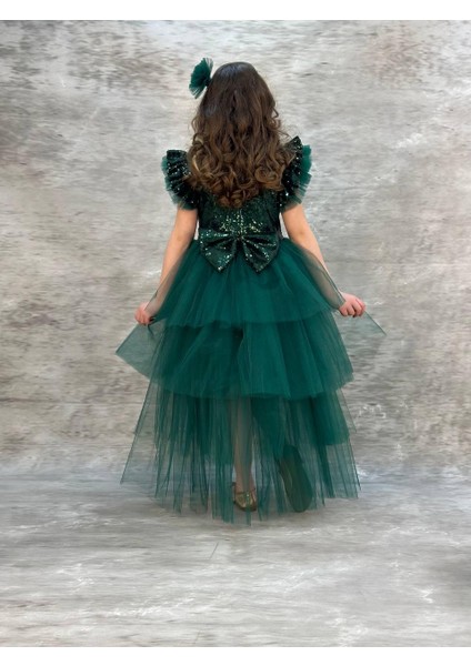 Kız Çocuk Tokalı Pullu Fiyonklu Şık Kat Kat Kuyruklu Elbise fırsatları