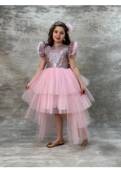 Kız Çocuk Tokalı Pullu Fiyonklu Şık Kat Kat Kuyruklu Elbise indirimleri