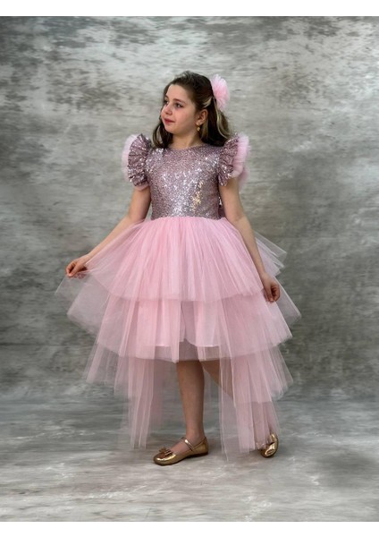 Kız Çocuk Tokalı Pullu Fiyonklu Şık Kat Kat Kuyruklu Elbise