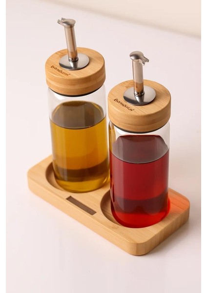 Bambu Kapaklı Cam Yağlık & Sirkelik Seti – 2'li Standlı 200ML