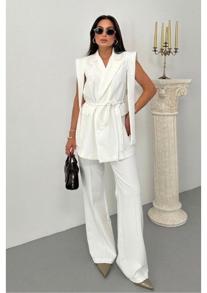 Kadın Alt Üst Ikili Takım Omuz Detaylı Kuşaklı Yelek Pantolon Takım