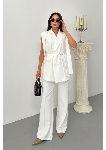 Kadın Alt Üst Ikili Takım Omuz Detaylı Kuşaklı Yelek Pantolon Takım fiyatları