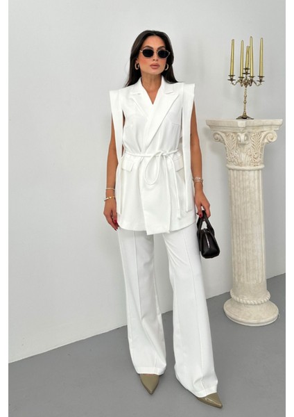 Kadın Alt Üst Ikili Takım Omuz Detaylı Kuşaklı Yelek Pantolon Takım modelleri