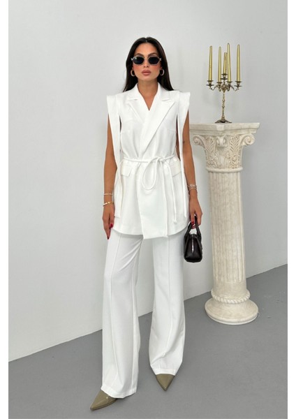 Kadın Alt Üst Ikili Takım Omuz Detaylı Kuşaklı Yelek Pantolon Takım fırsatları