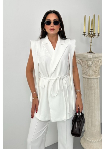 Kadın Alt Üst Ikili Takım Omuz Detaylı Kuşaklı Yelek Pantolon Takım indirimleri