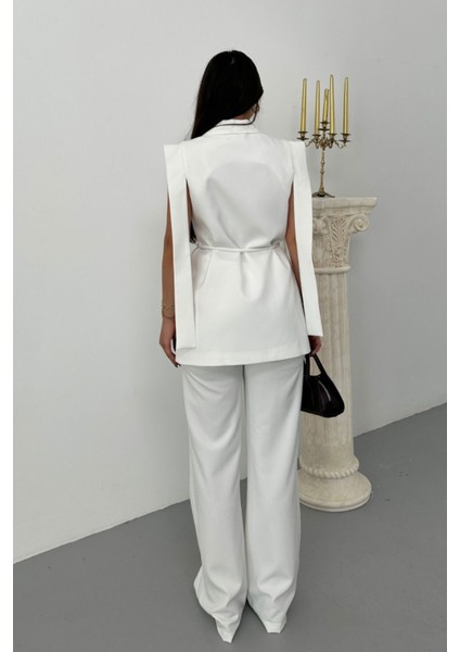 Kadın Alt Üst Ikili Takım Omuz Detaylı Kuşaklı Yelek Pantolon Takım