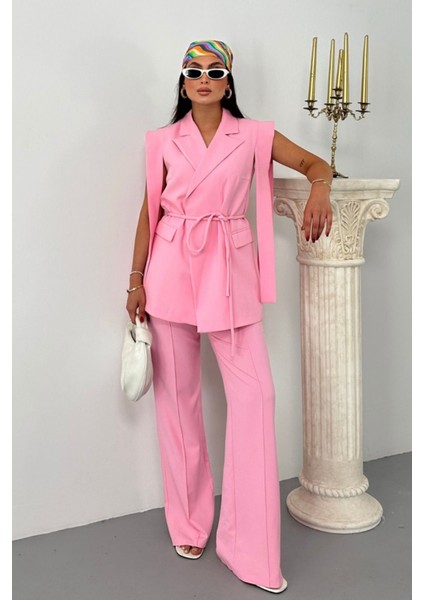 Kadın Alt Üst Ikili Takım Omuz Detaylı Kuşaklı Yelek Pantolon Takım