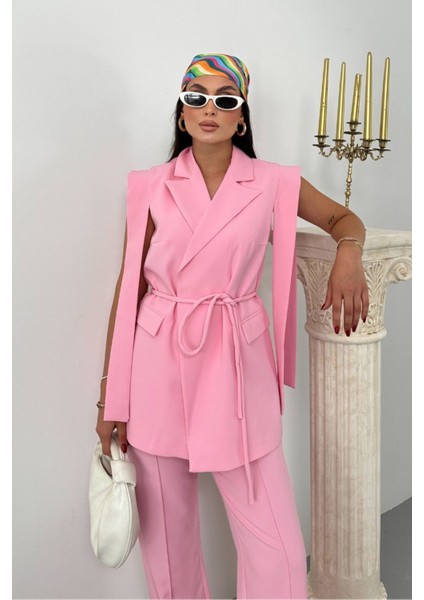 Kadın Alt Üst Ikili Takım Omuz Detaylı Kuşaklı Yelek Pantolon Takım modelleri