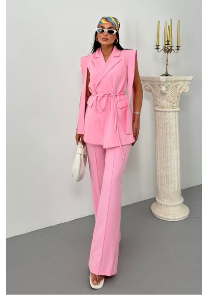 Kadın Alt Üst Ikili Takım Omuz Detaylı Kuşaklı Yelek Pantolon Takım indirimleri