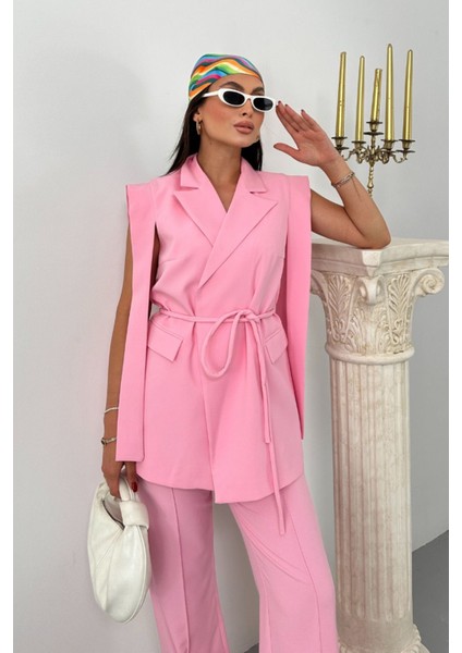 Kadın Alt Üst Ikili Takım Omuz Detaylı Kuşaklı Yelek Pantolon Takım