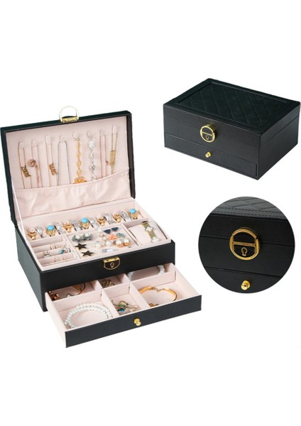 Mk-23 Büyük Boy Takı Organizeri - Kilitli 2 Katlı Çekmeceli Lüks Takı Kutusu - Mücevher Kutusu