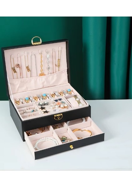 Mk-23 Büyük Boy Takı Organizeri - Kilitli 2 Katlı Çekmeceli Lüks Takı Kutusu - Mücevher Kutusu modelleri