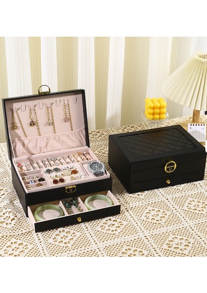 Mk-23 Büyük Boy Takı Organizeri - Kilitli 2 Katlı Çekmeceli Lüks Takı Kutusu - Mücevher Kutusu indirimleri