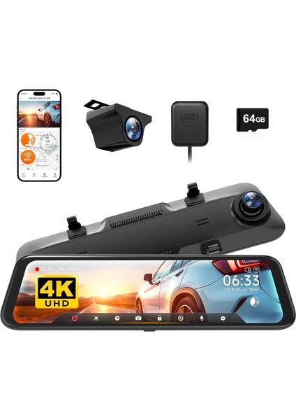 G850 12" 4K Ayna Dash Cam, Ön & Arka Kamera, 5,8 Ghz Wifi, Sesli Kontrol