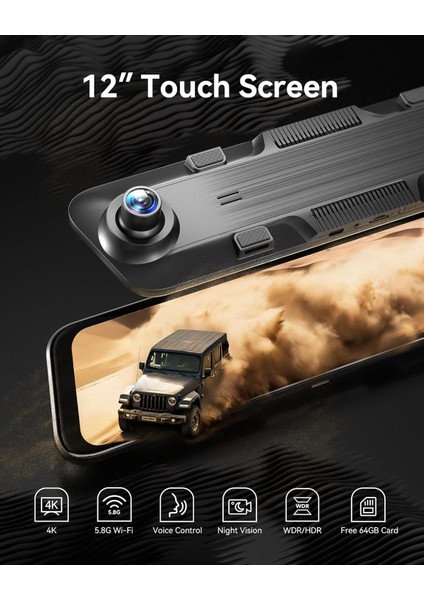 G850 12" 4K Ayna Dash Cam, Ön & Arka Kamera, 5,8 Ghz Wifi, Sesli Kontrol