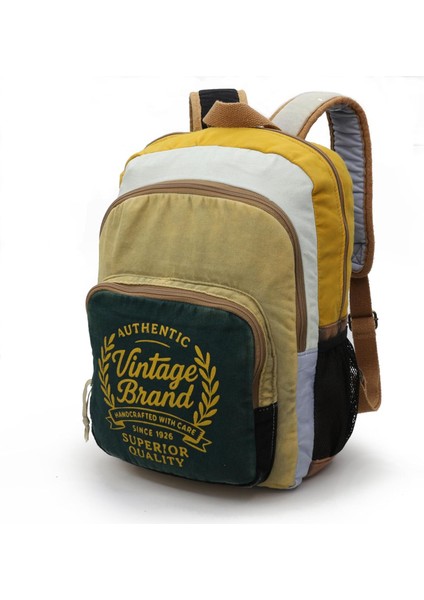 Vintage 4034 Patara Yeşil Krem Sırt Okul Seyahat 15.6 Inç Laptop Günlük Notebook Yumuşak Pamuk Kumaş Çanta