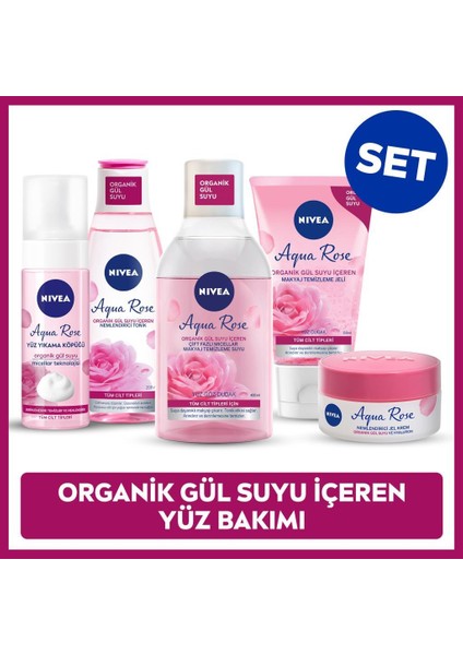 Aqua Rose Gül Suyu Içerikli Çeyiz Seti, Makyaj Temizleme Suyu ve Jeli, Yüz Yıkama Köpüğü, Tonik,krem