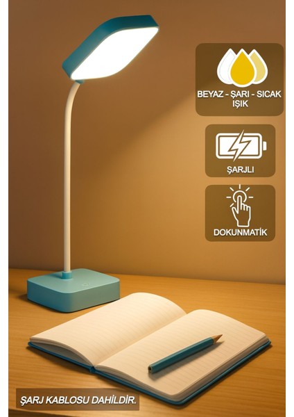 Şarjlı Masa Lambası Dokunmatik Ders Çalışma Kitap Okuma Gece Lambası 3 Farklı Işık Akrobatik Yeşil
