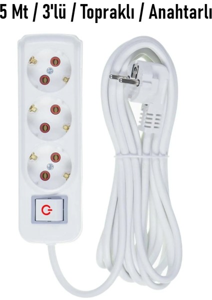 5 Metre Üç 3’lü Topraklı Anahtarlı Grup Priz (Eko Grup Marka)