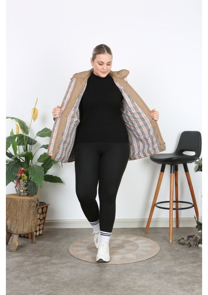 Baharlık Ekoseli, Kapitone Mont, Kapüşonlu Mont, Büyük Beden, Su Itici, Biyeli, Vizon