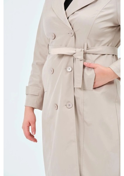 Kadın Suya Dayanıklı Büyük Beden Trençkot Kemerli Uzun Kruvaze Trençkot Bonded Kumaş Astarlı Krem fiyatları