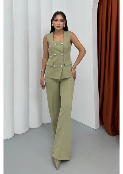 Kadın Ikili Alt Üst Takım Şık Düğme Detaylı Kare Yaka Yelek Pantolon Takım