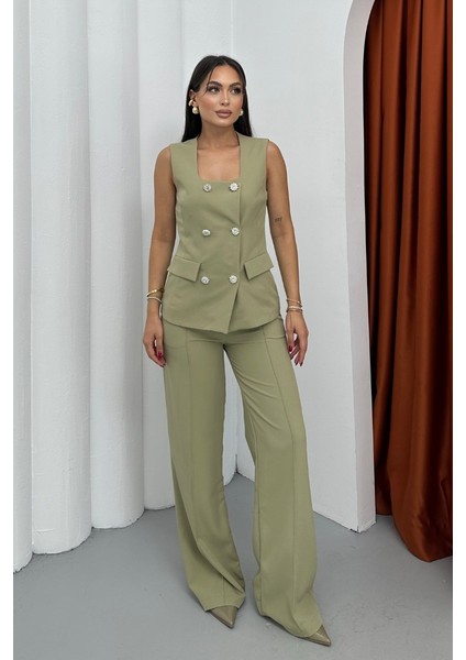 Kadın Ikili Alt Üst Takım Şık Düğme Detaylı Kare Yaka Yelek Pantolon Takım fiyatları