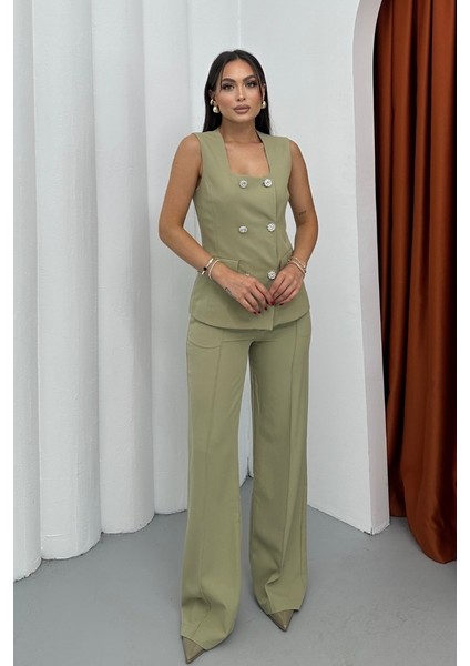 Kadın Ikili Alt Üst Takım Şık Düğme Detaylı Kare Yaka Yelek Pantolon Takım modelleri